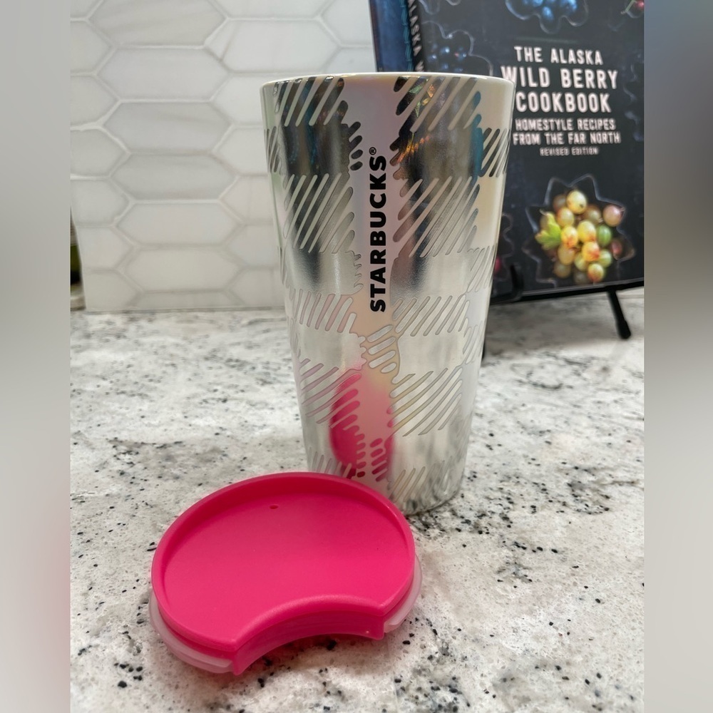Starbucks 2024 Iridescent Luster Silver Pink Checkered Ceramic Mug Tumbler. NWT! - Picture 7 of 8